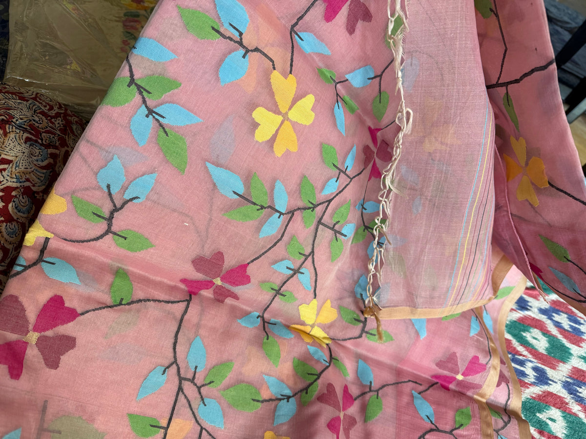Baby Pink Floral Resham Silk Muslin Jamdani Handloom Saree