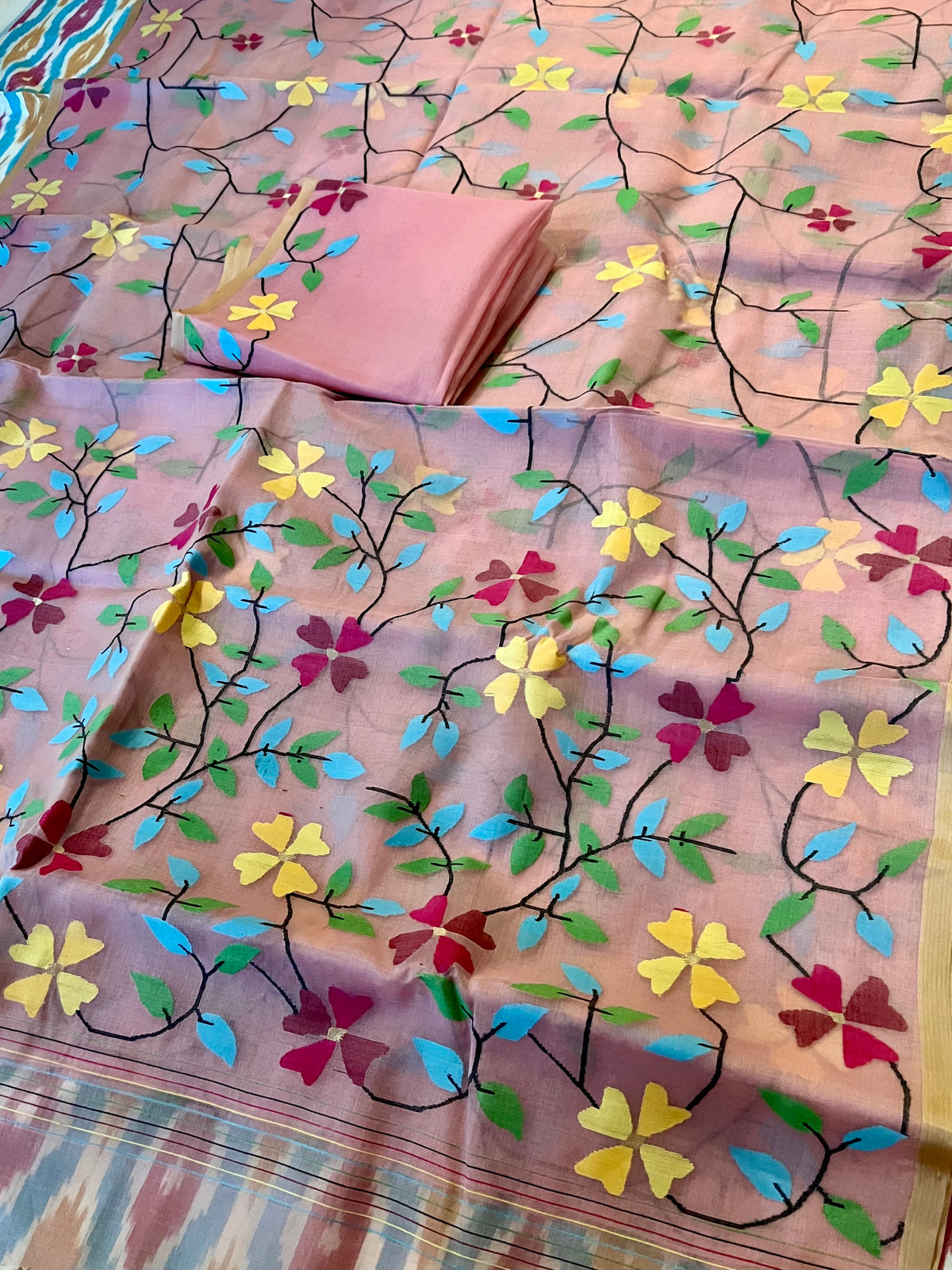 Baby Pink Floral Resham Silk Muslin Jamdani Handloom Saree