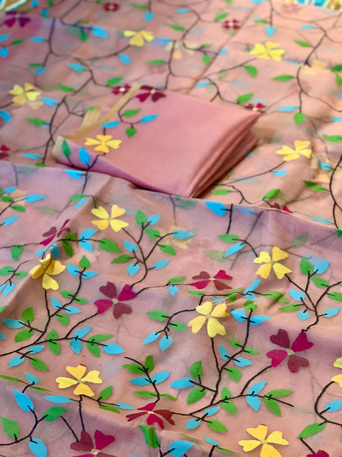 Baby Pink Floral Resham Silk Muslin Jamdani Handloom Saree