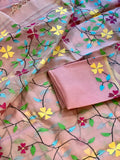 Baby Pink Floral Resham Silk Muslin Jamdani Handloom Saree