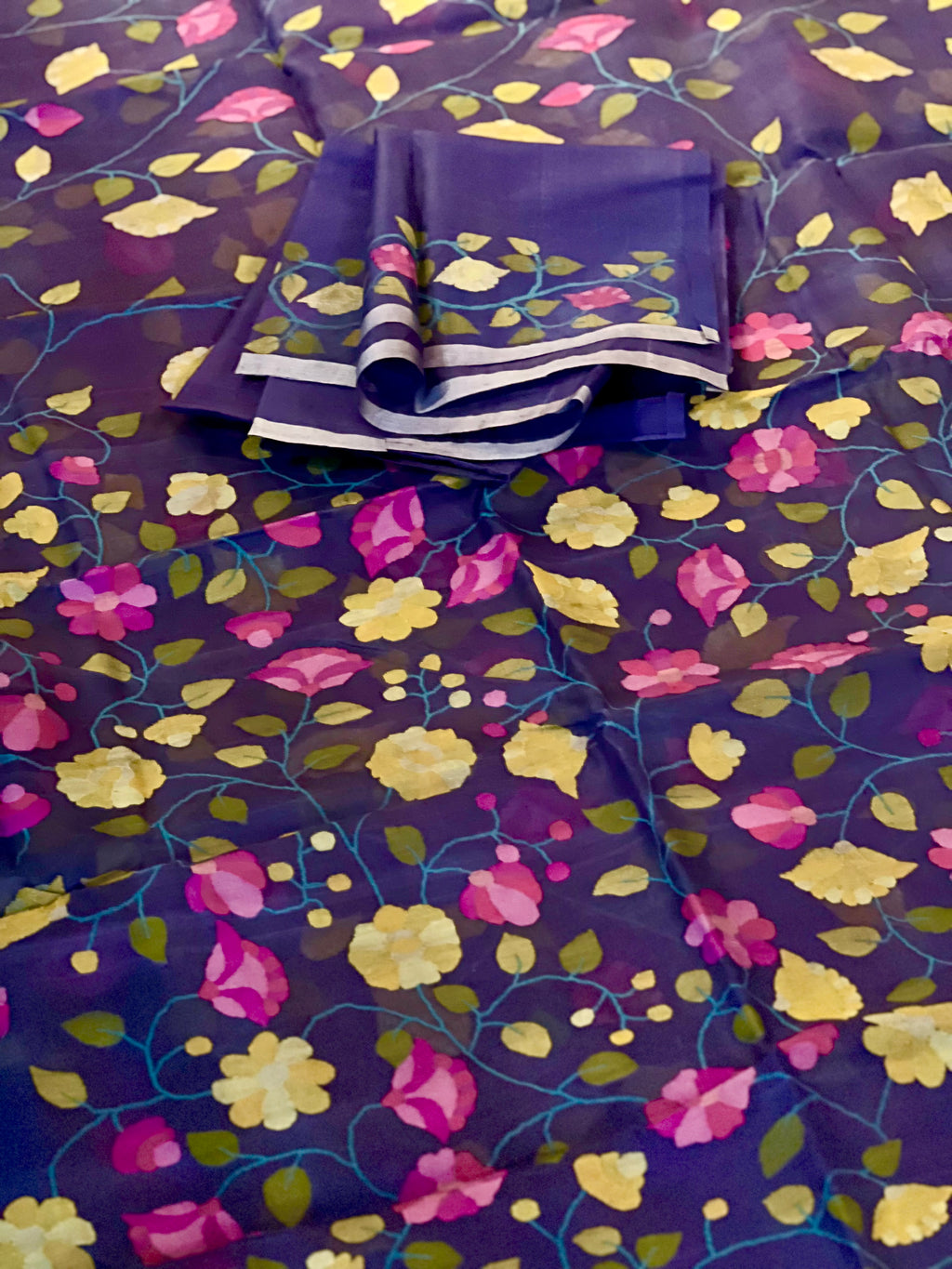 Navy Blue Floral Resham Silk Muslin Jamdani Handloom Saree