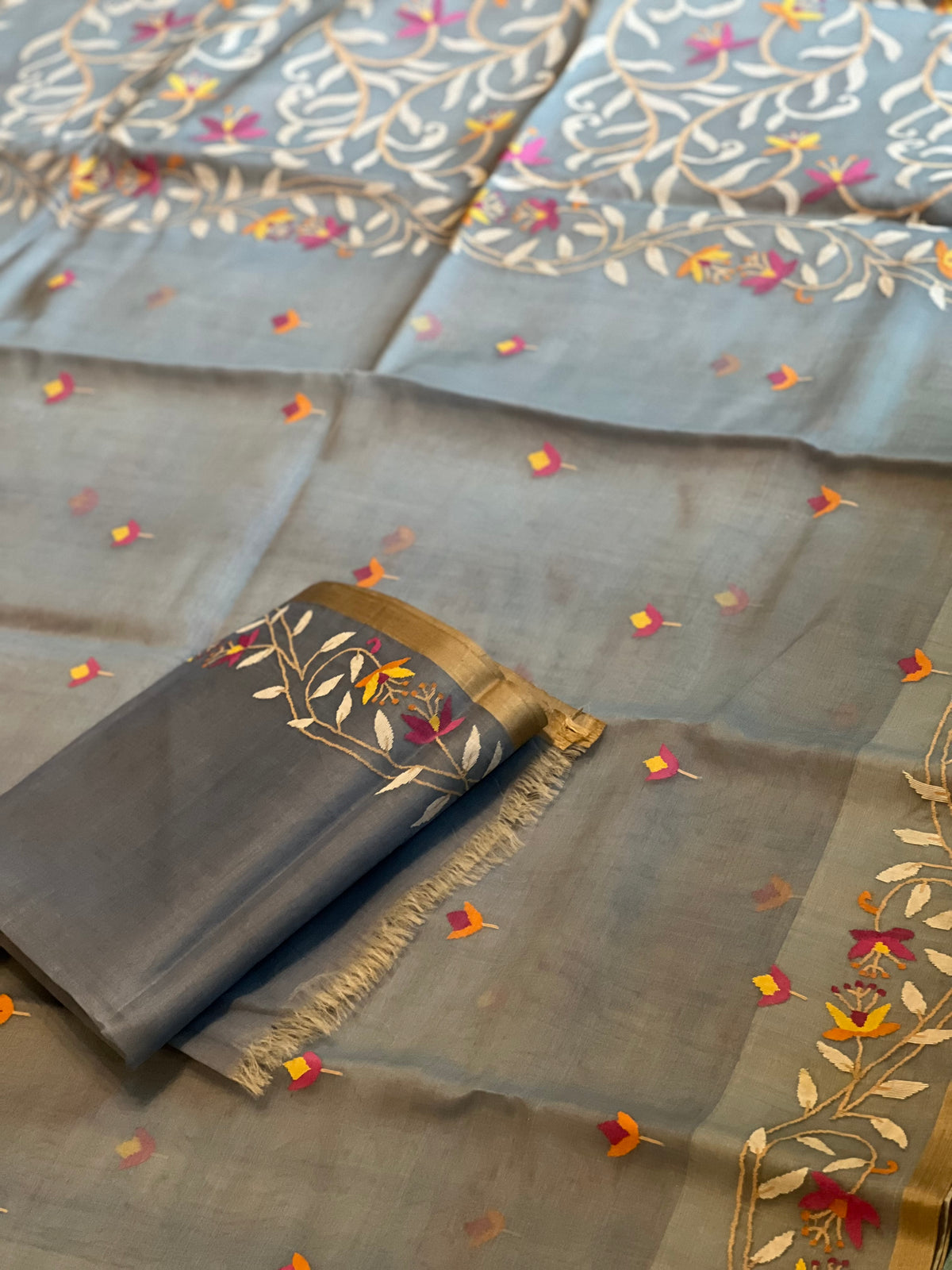 Smoky Blue Dainty Floral Silk Muslin Jamdani Handloom Saree