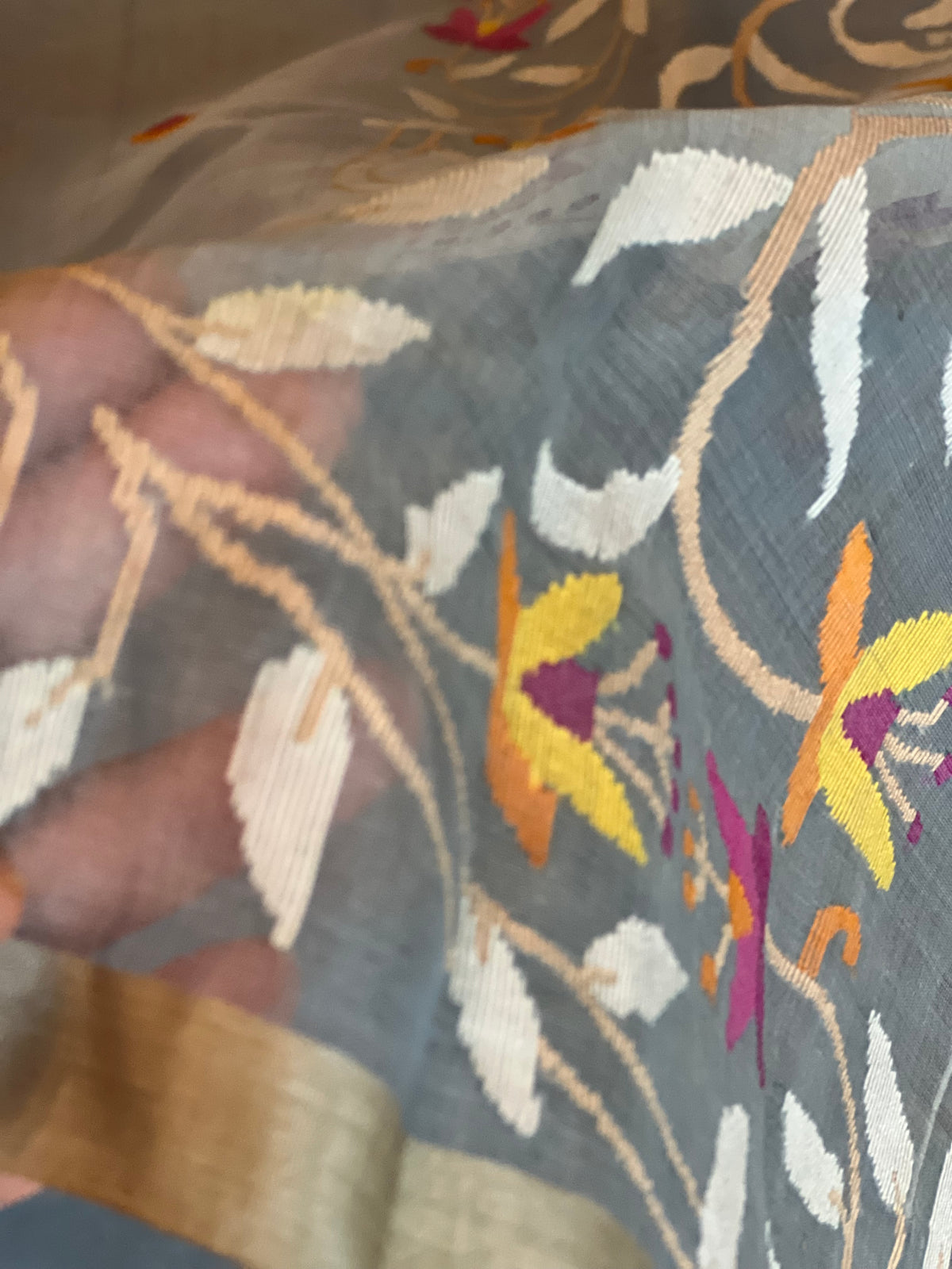 Smoky Blue Dainty Floral Silk Muslin Jamdani Handloom Saree