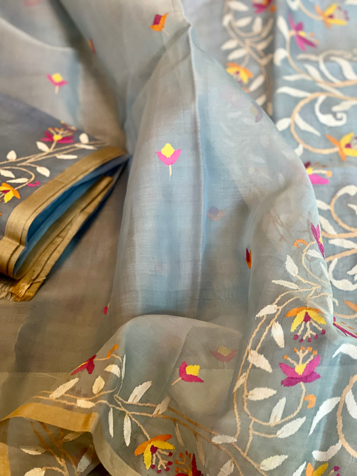 Smoky Blue Dainty Floral Silk Muslin Jamdani Handloom Saree