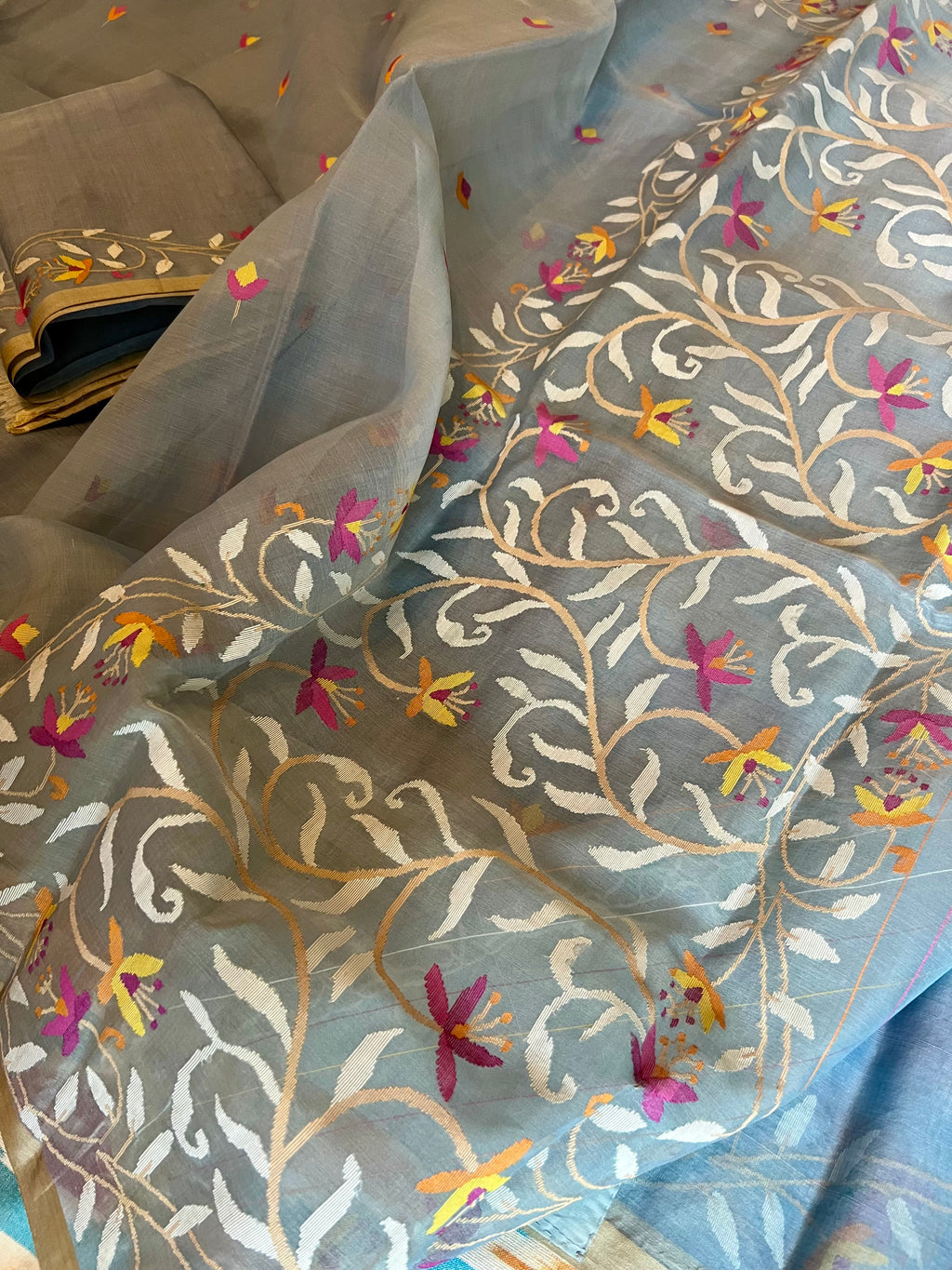 Smoky Blue Dainty Floral Silk Muslin Jamdani Handloom Saree