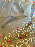 Smoky Blue Dainty Floral Silk Muslin Jamdani Handloom Saree