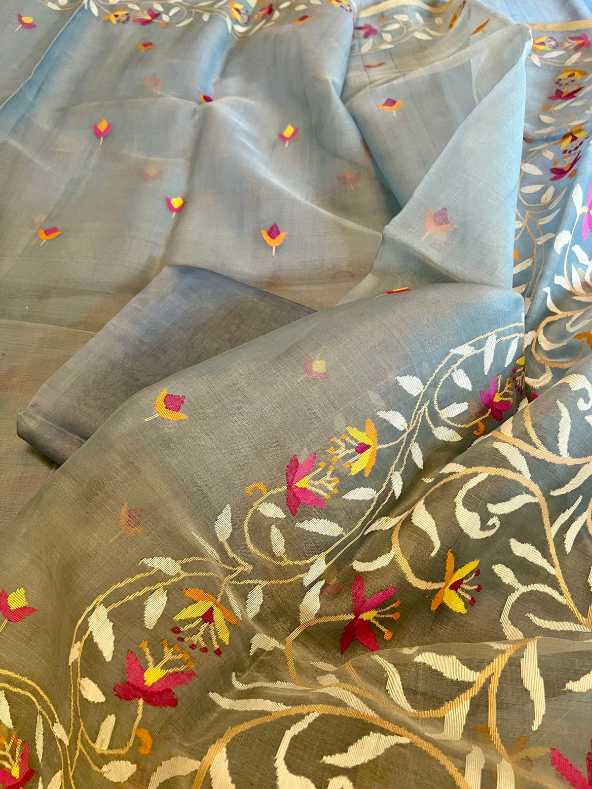 Smoky Blue Dainty Floral Silk Muslin Jamdani Handloom Saree