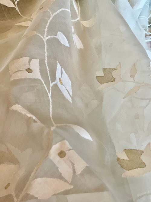 Ivory and Gold Self-design Resham Silk Muslin Jamdani Handloom Saree