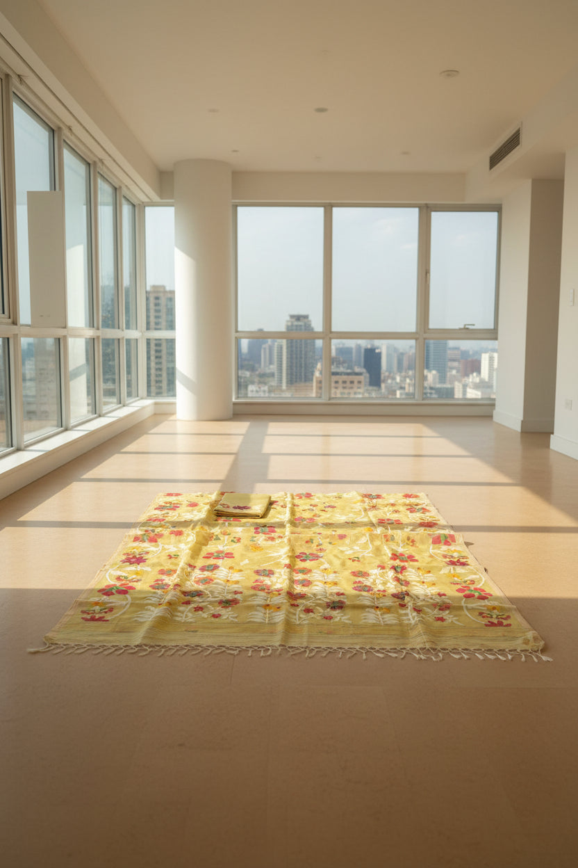 Pastel Yellow Floral Resham Silk Muslin Jamdani Handloom Saree