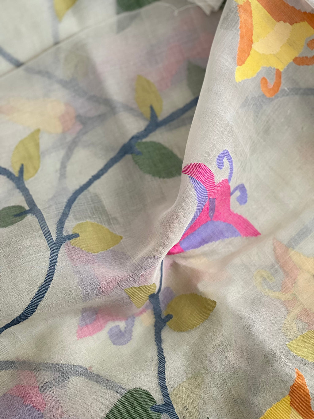 Off-White Floral Resham Silk Muslin Jamdani Handloom Saree