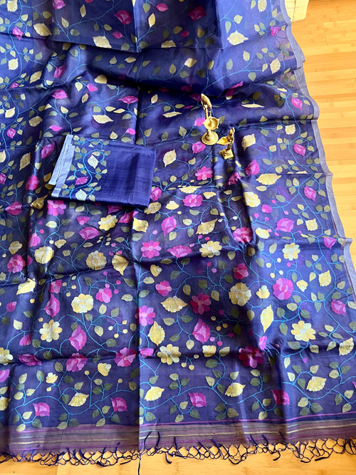 Navy Blue Floral Resham Silk Muslin Jamdani Handloom Saree