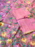 Pink Floral Resham Silk Muslin Jamdani Handloom Saree