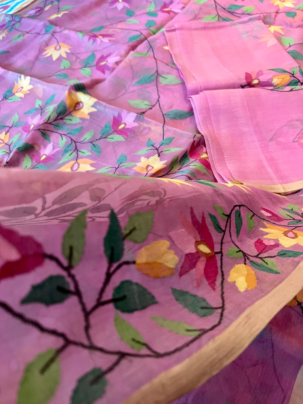 Pink Floral Resham Silk Muslin Jamdani Handloom Saree