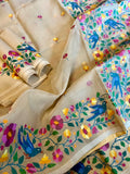 Beige with multicolor Floral and Bird motifs Resham Silk Muslin Jamdani Handloom Saree